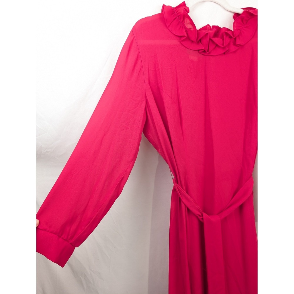 Vintage 70s Ruffle Neck Long Sleeve Belted Dress Sz XL Pink Fairy Coquette Union - Picture 3 of 10